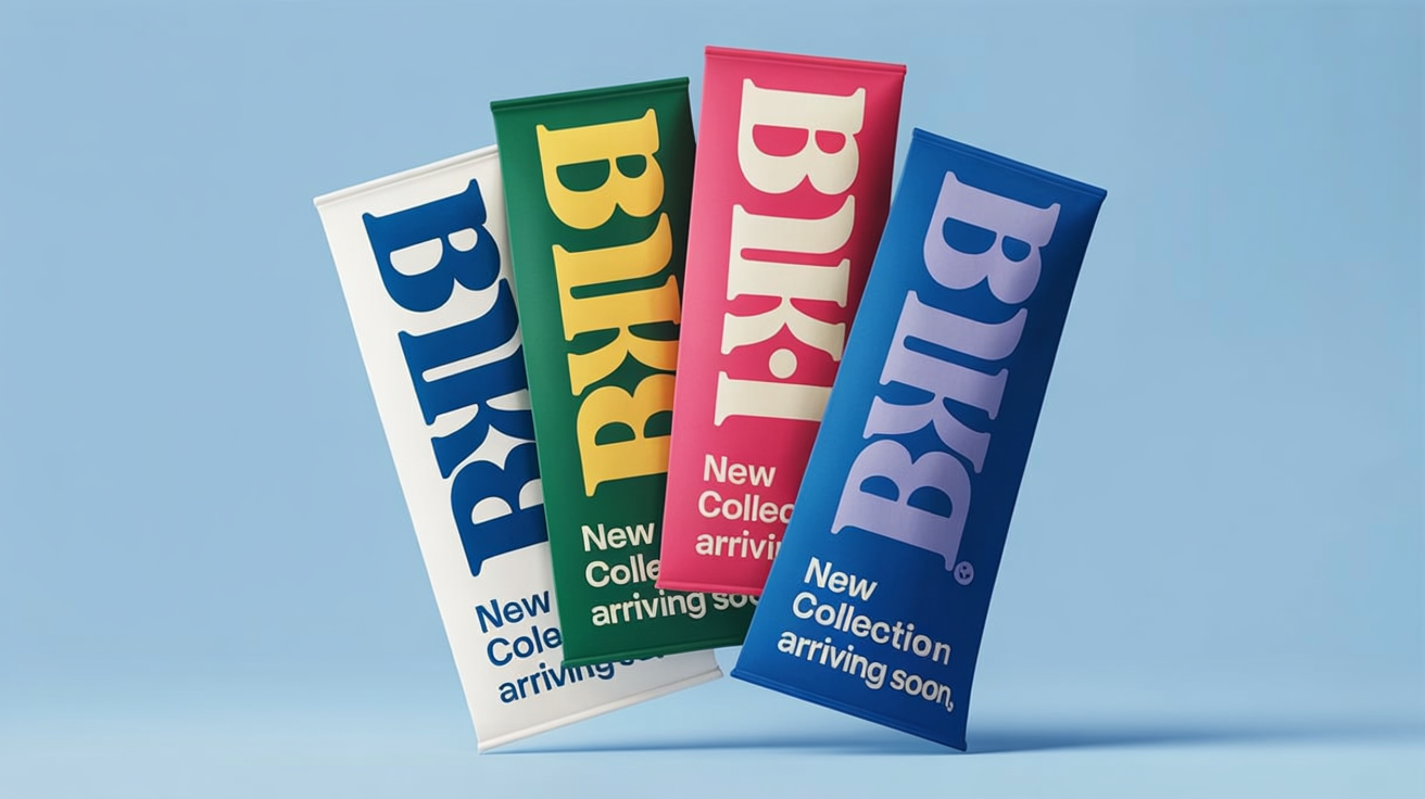 A showcase of four identical digital banners for the brand 'BILKA', each with a different vibrant color scheme, demonstrating the result of a color-changing design tool.