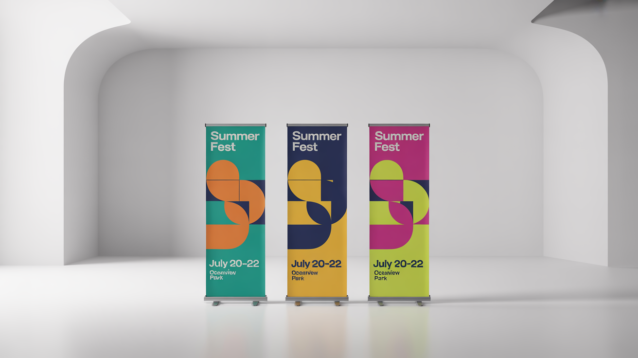 Three identical roll-up banners for a 'SUMMER FEST' displayed side-by-side, each showcasing a different vibrant color scheme to illustrate color customization.
