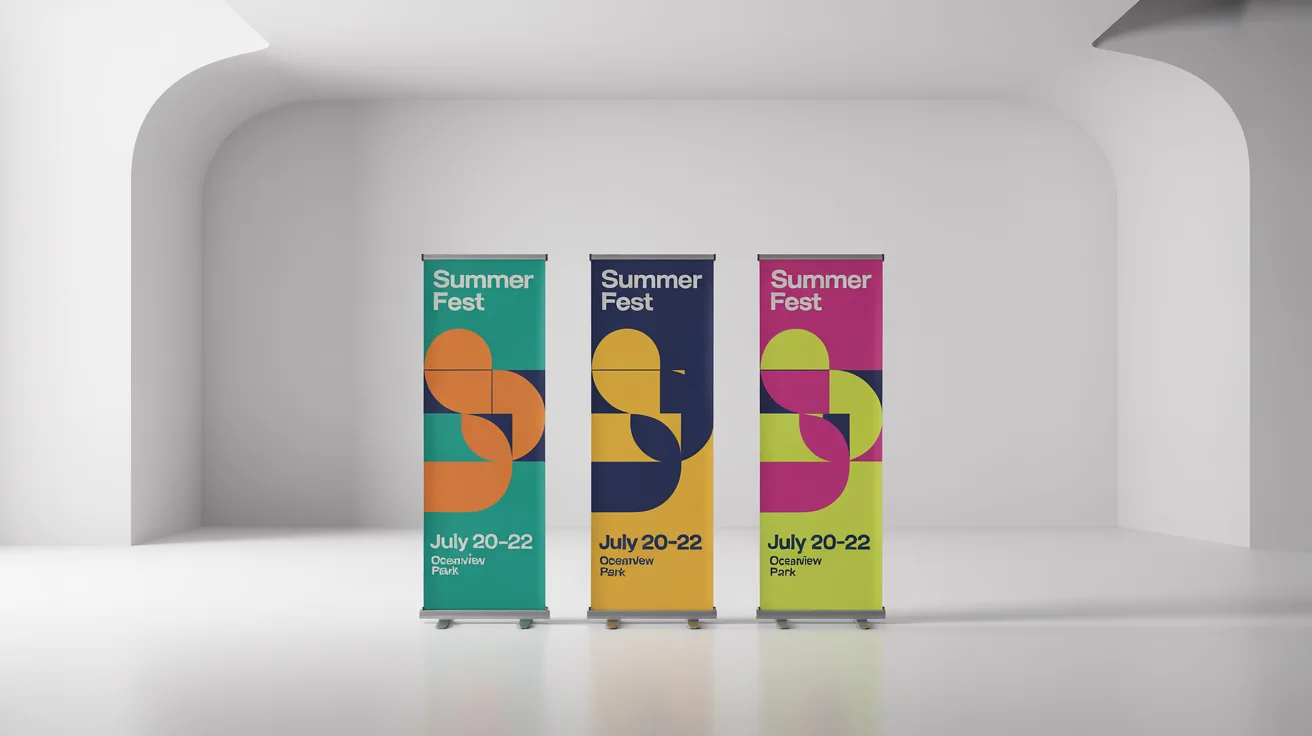 Three identical roll-up banners for a 'SUMMER FEST' displayed side-by-side, each showcasing a different vibrant color scheme to illustrate color customization.