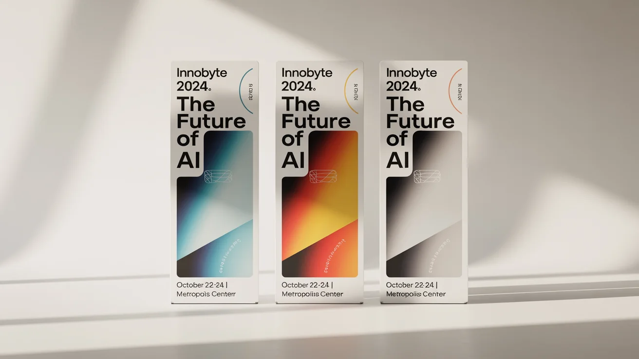 A mockup of three vertical banners for the 'INNOBYTE 2024' tech conference, each with the same design but a different color scheme: one blue, one orange, and one monochrome gray.