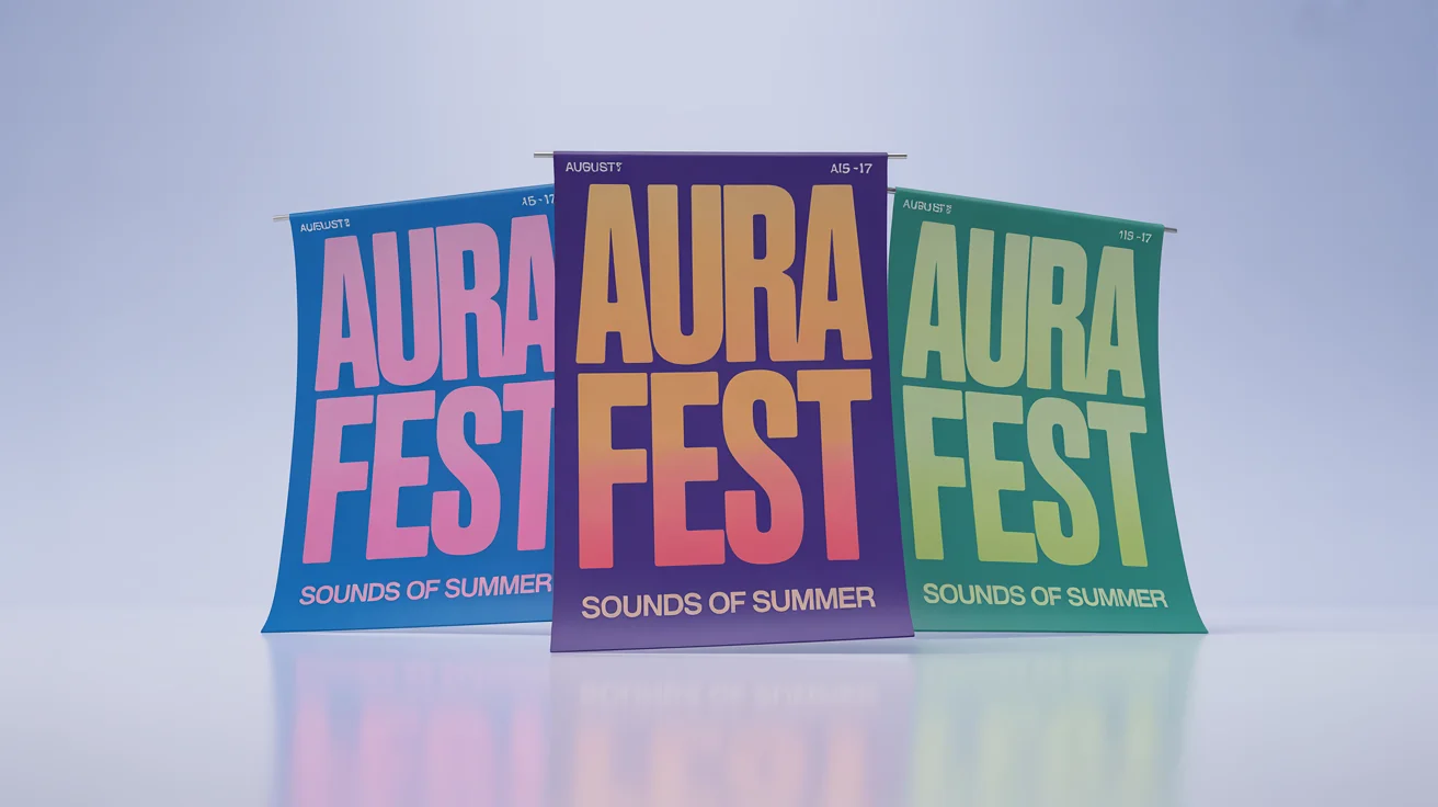 Three identical event banners for 'Aura Fest' are laid out side-by-side, each with a different color scheme to illustrate color changing capabilities. One is blue and magenta, another is orange and purple, and the third is teal and green.