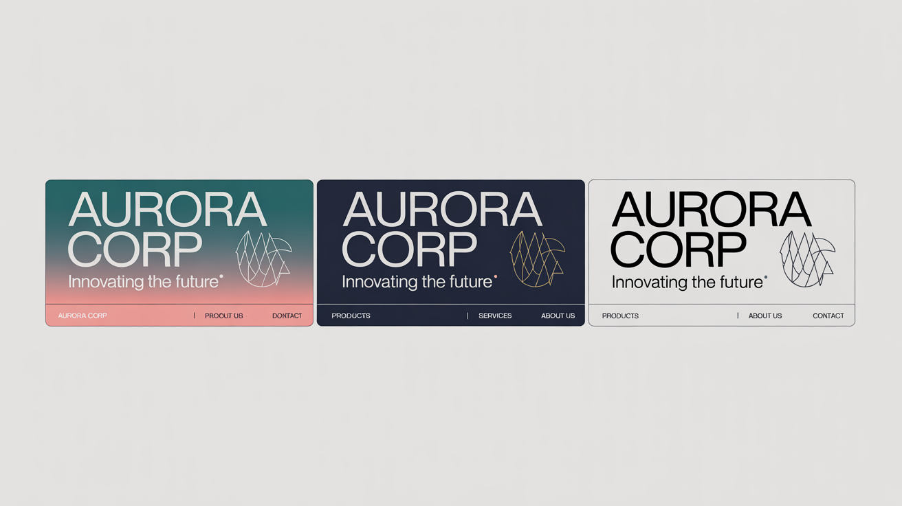 Three identical corporate banners for 'AURORA CORP' displayed side-by-side, each with a different color scheme teal and coral, navy and gold, and black and white to illustrate color customization.