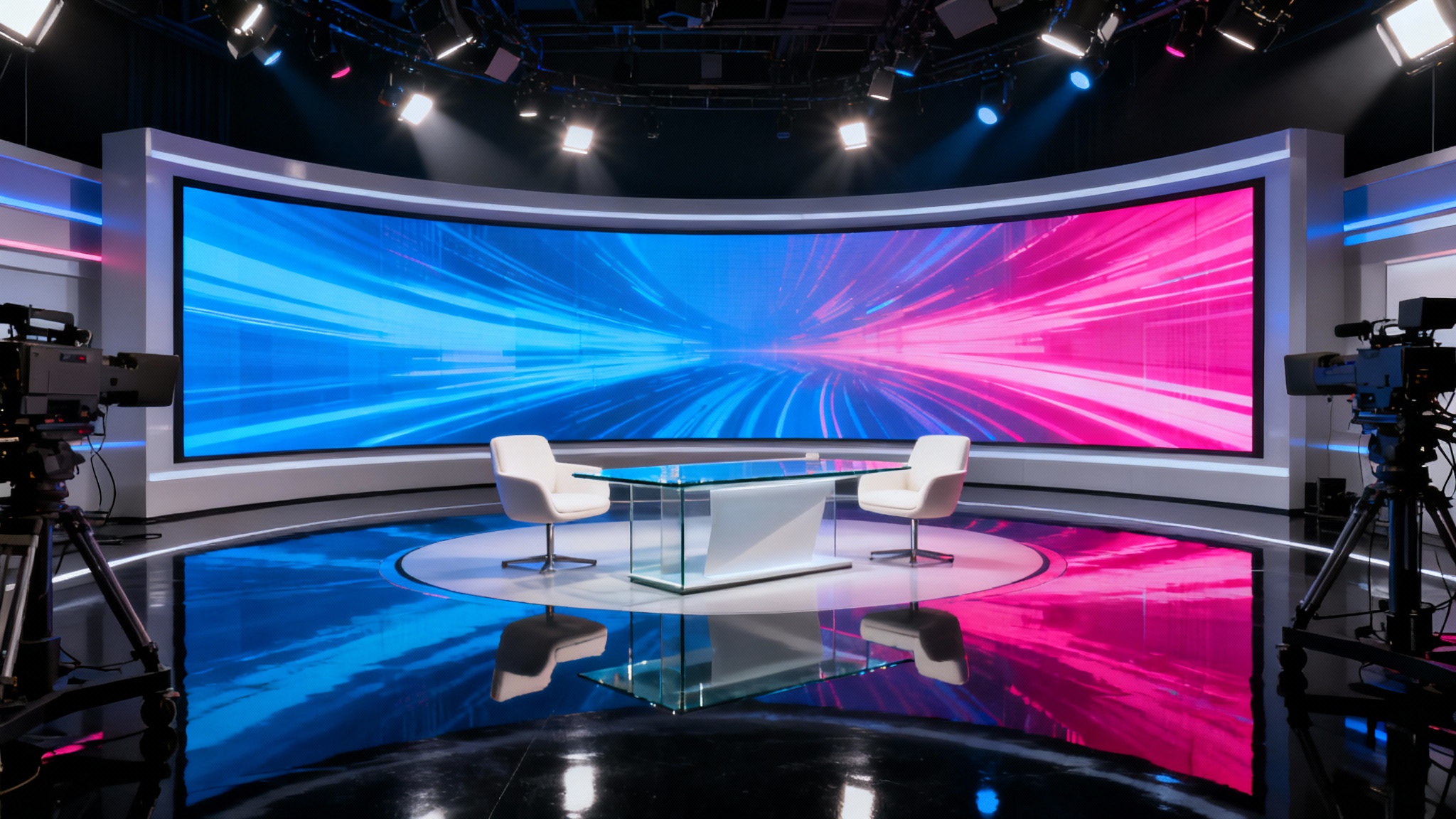 A wide-angle, photorealistic render of a modern TV studio set, featuring a large vibrant LED screen, a sleek glass desk, and professional cameras, all reflecting on a polished floor.