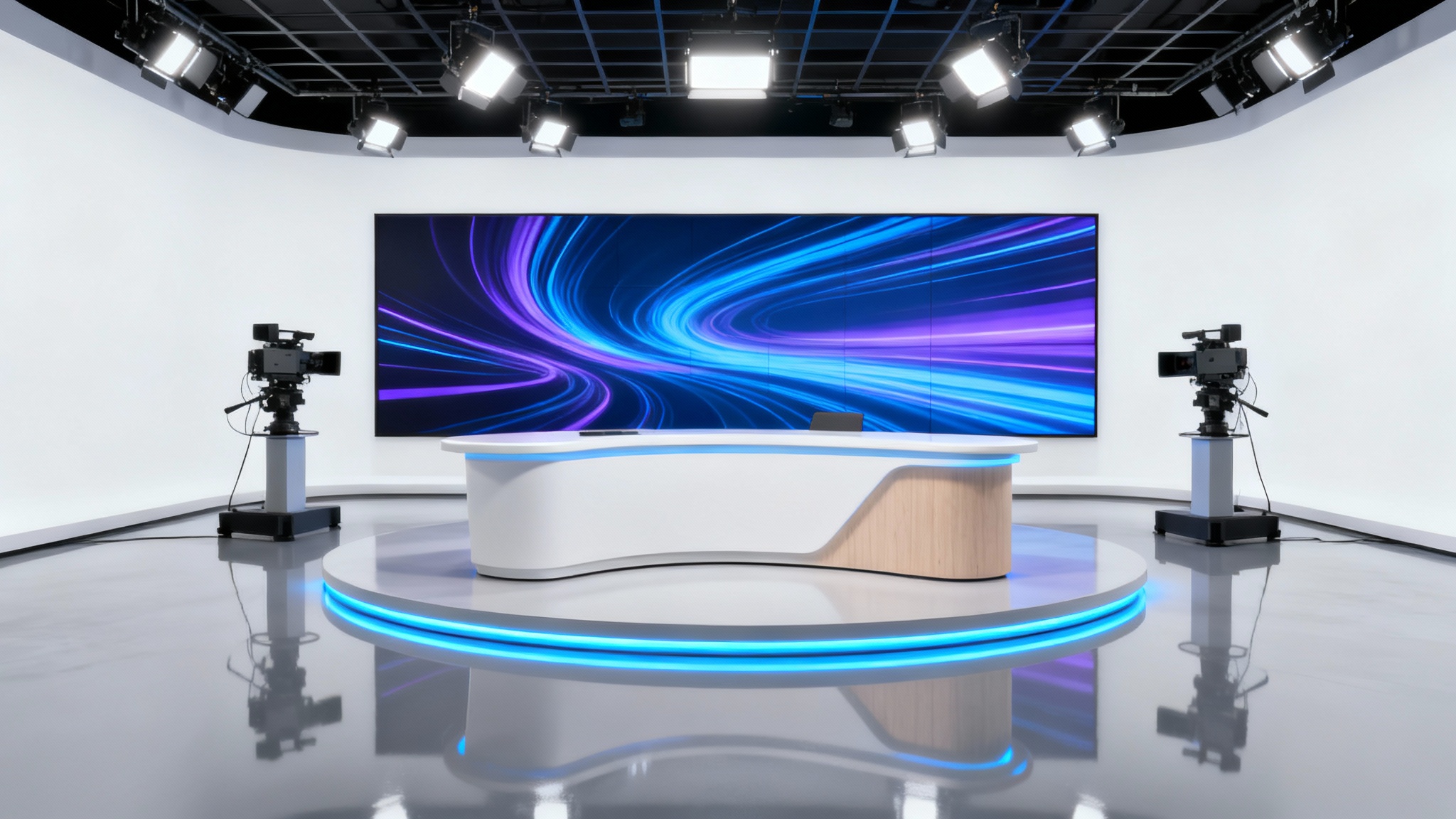 A mockup of a modern TV studio set design, featuring a curved news desk, a large LED background screen with blue graphics, and professional cameras, all isolated against a plain white background.