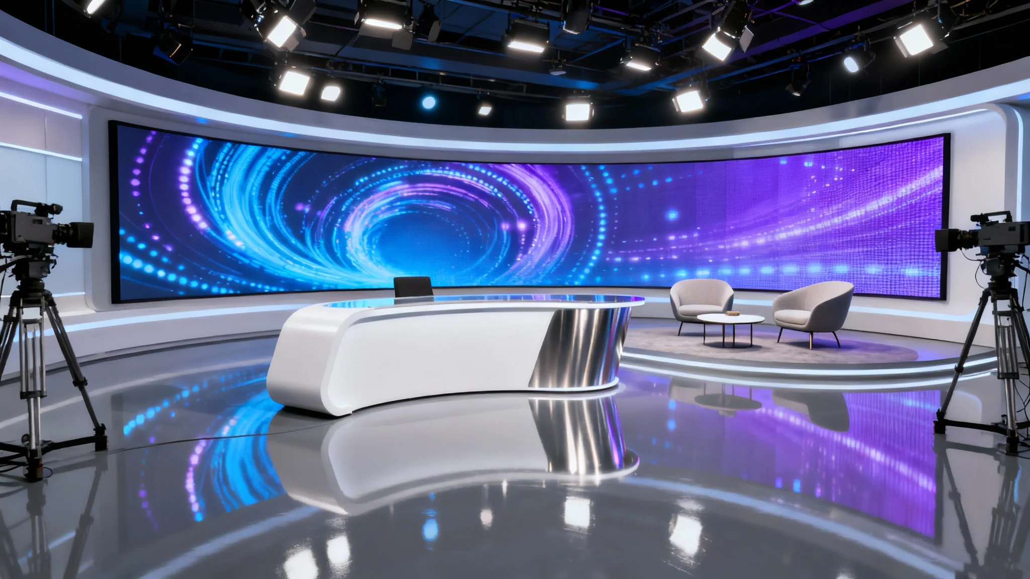 A photorealistic mockup of a modern TV studio set design, featuring a curved anchor desk, a large LED screen in the background, and guest seating, all under professional studio lighting.