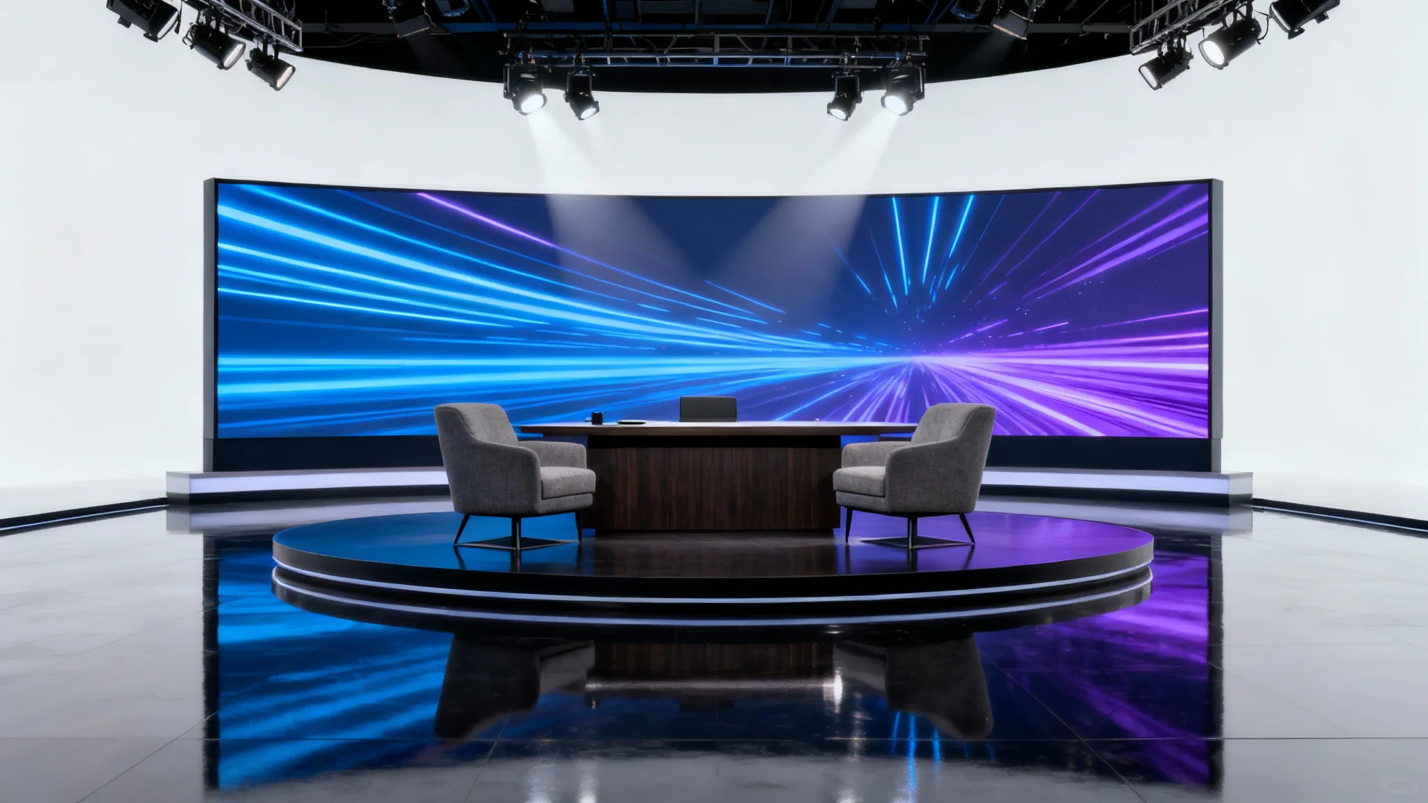 A mockup of a modern TV studio set design, featuring a sleek desk, armchairs, and a large LED background screen with blue and violet graphics, all isolated on a white background.