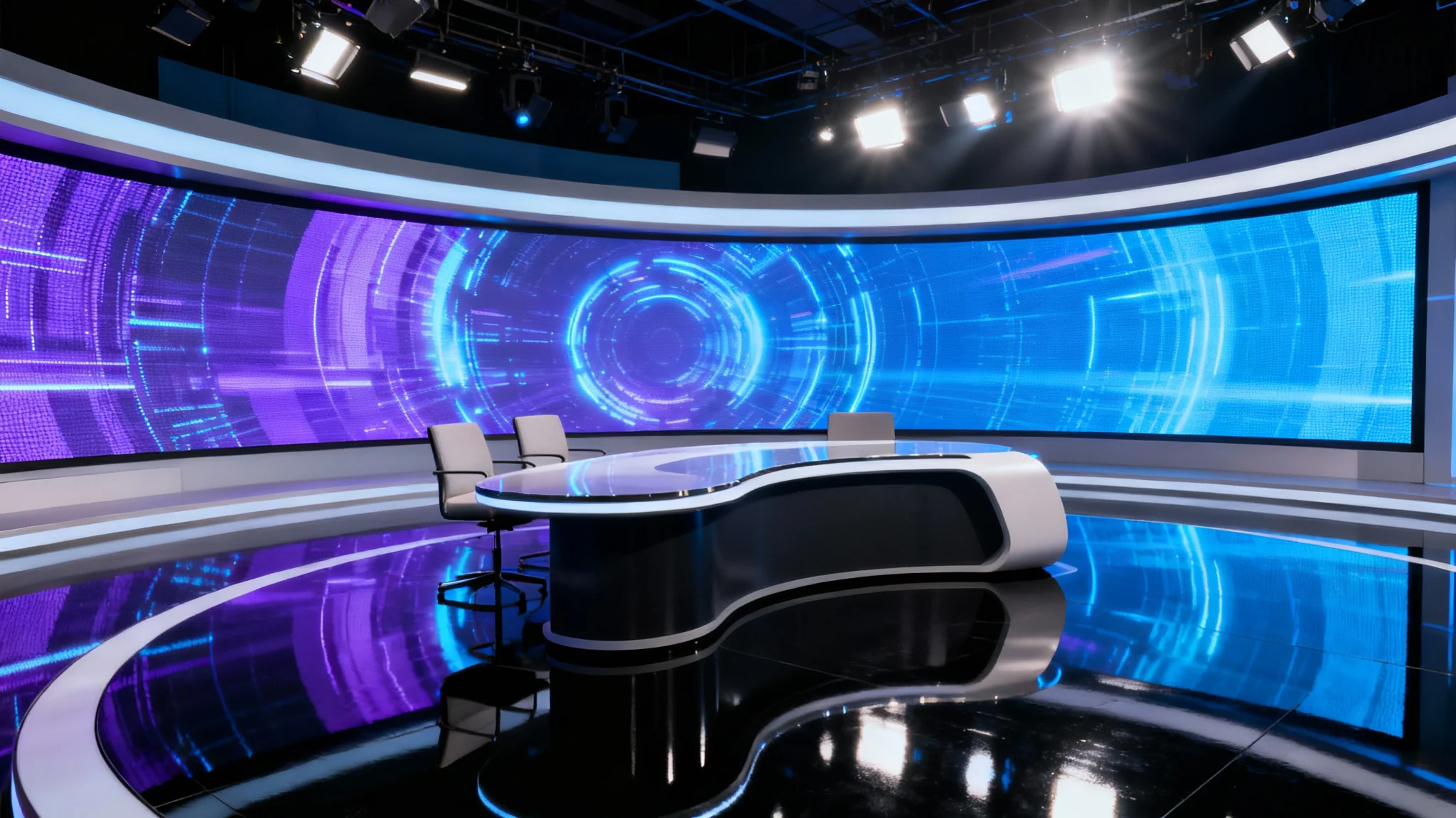 A photorealistic mockup of a modern TV studio set, featuring a curved desk, chairs, and a large LED screen with blue and purple graphics.