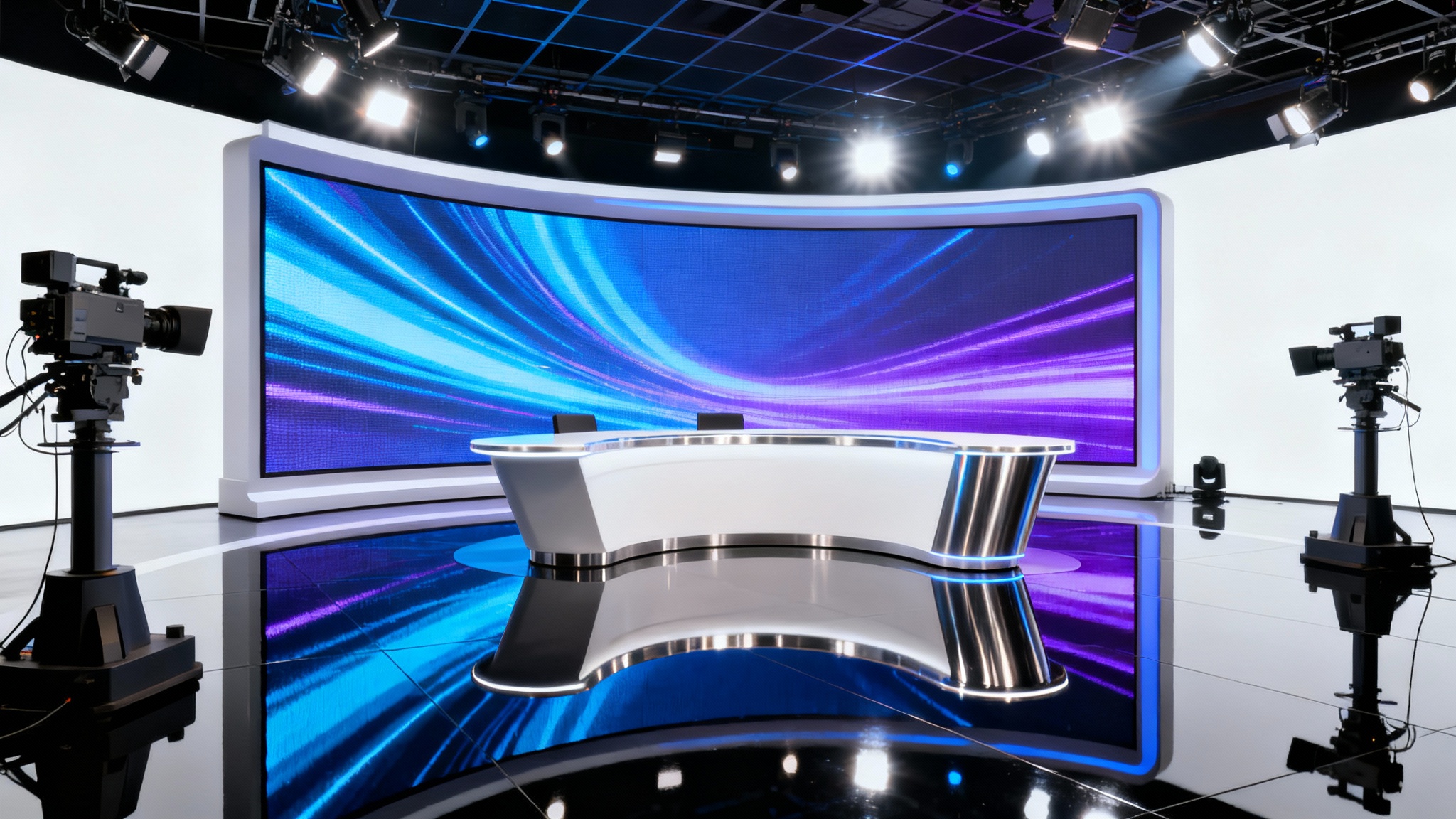 A photorealistic mockup of a modern TV studio set, featuring a sleek curved desk, a large LED video wall backdrop, and professional cameras, all presented against a clean white background.