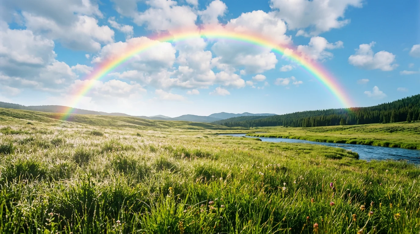 A beautiful landscape photo of a green meadow under a blue sky, enhanced by a large, vibrant rainbow arcing across the image, demonstrating the 'add rainbow' effect.