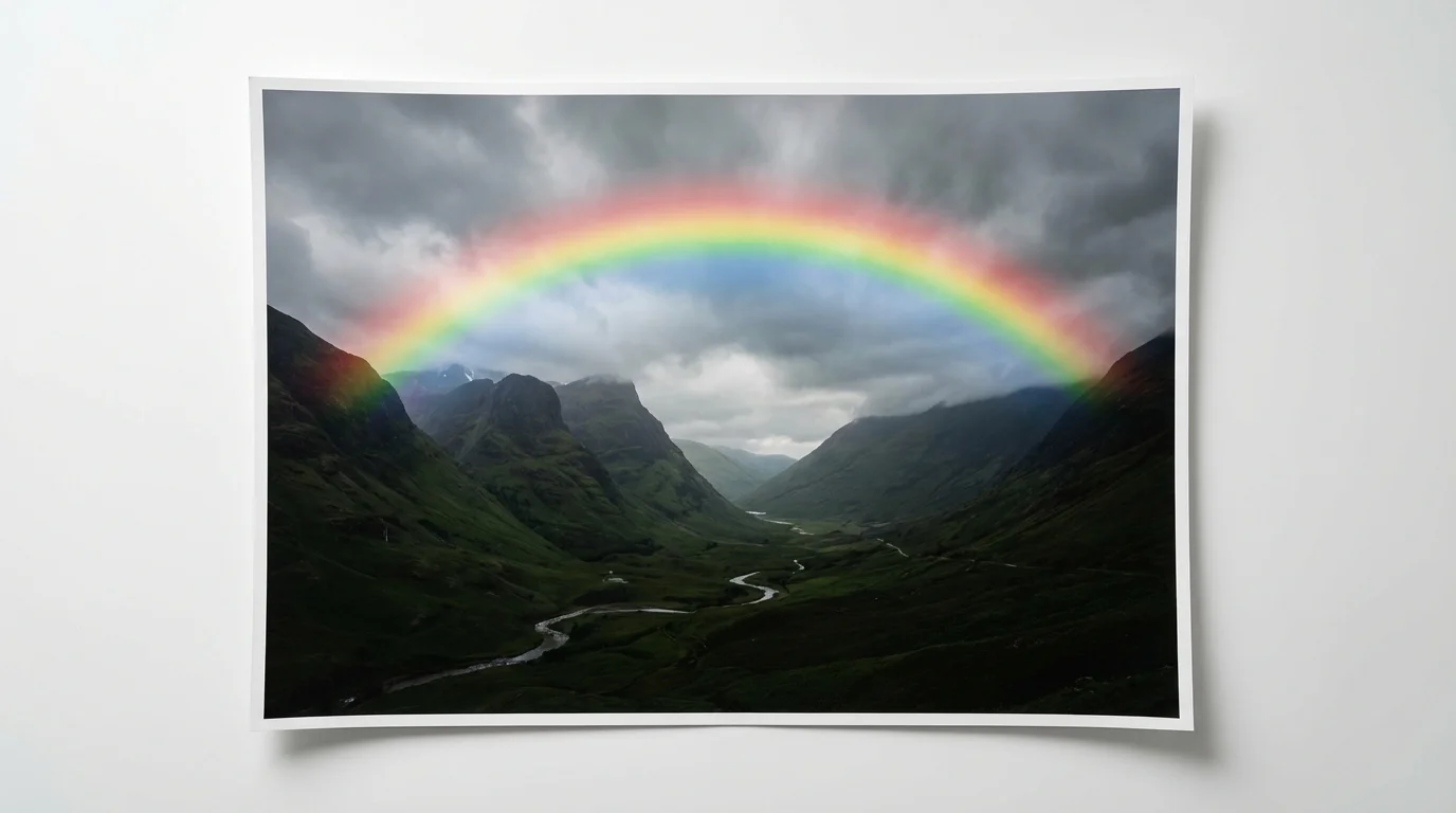 A photograph of a green mountain valley with a vibrant, digitally added rainbow arcing across the sky, presented as a mockup on a white background.