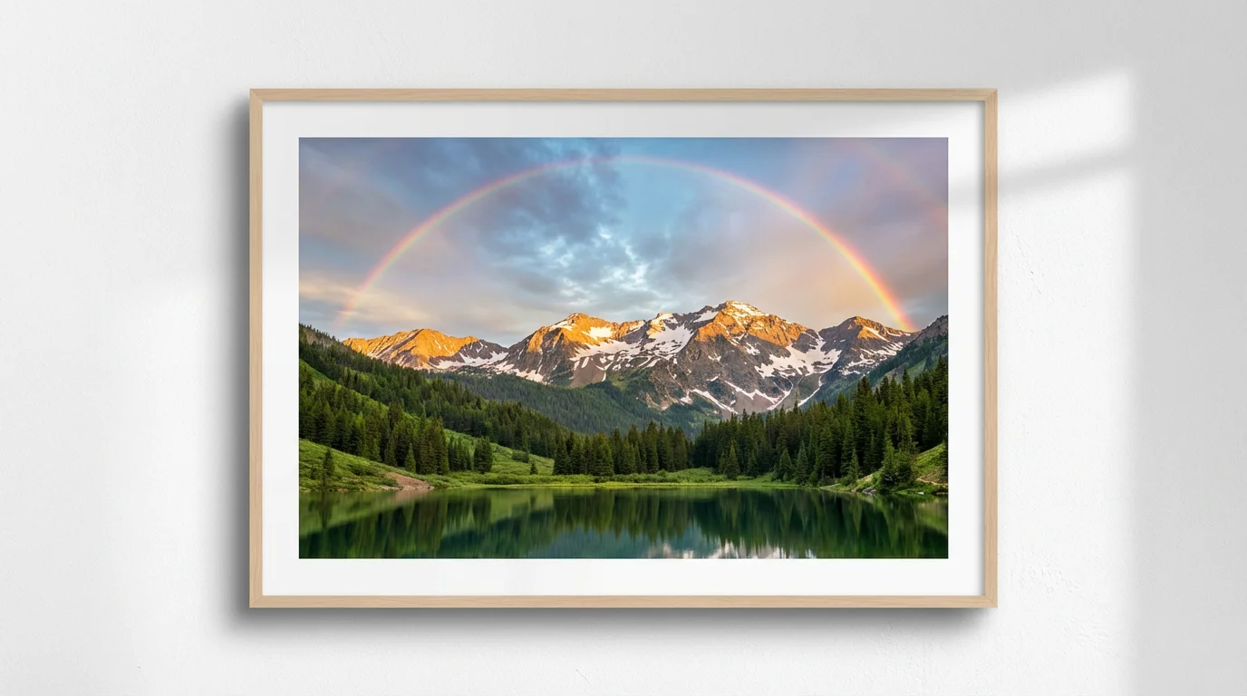 A photorealistic landscape photograph mockup featuring a majestic mountain range, a clear lake, and a vibrant rainbow arcing across the sky, all set against a clean white background.