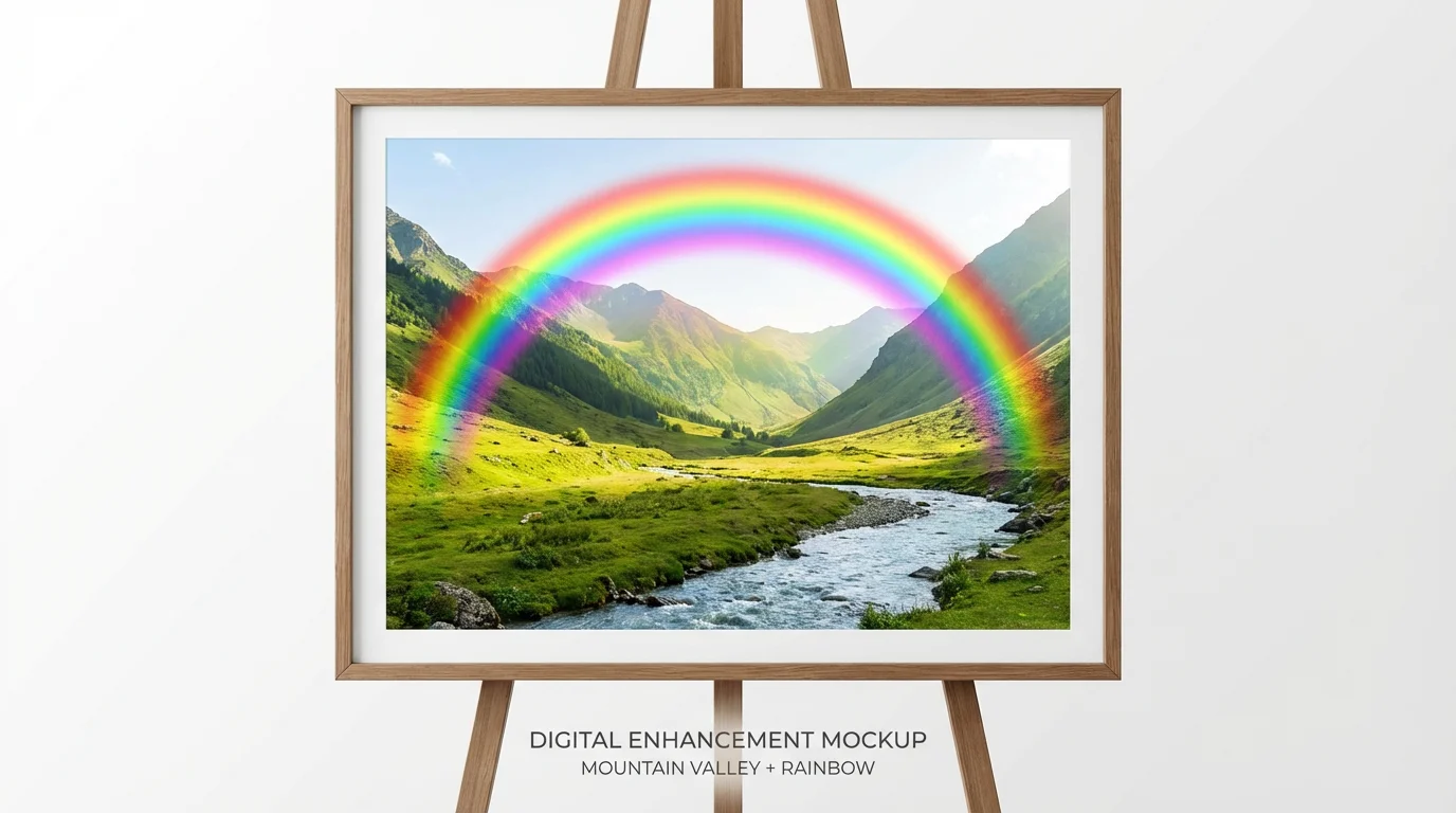 A photorealistic mockup of a landscape photo showing a green mountain valley, with a vibrant, digitally added rainbow arching across the sky.