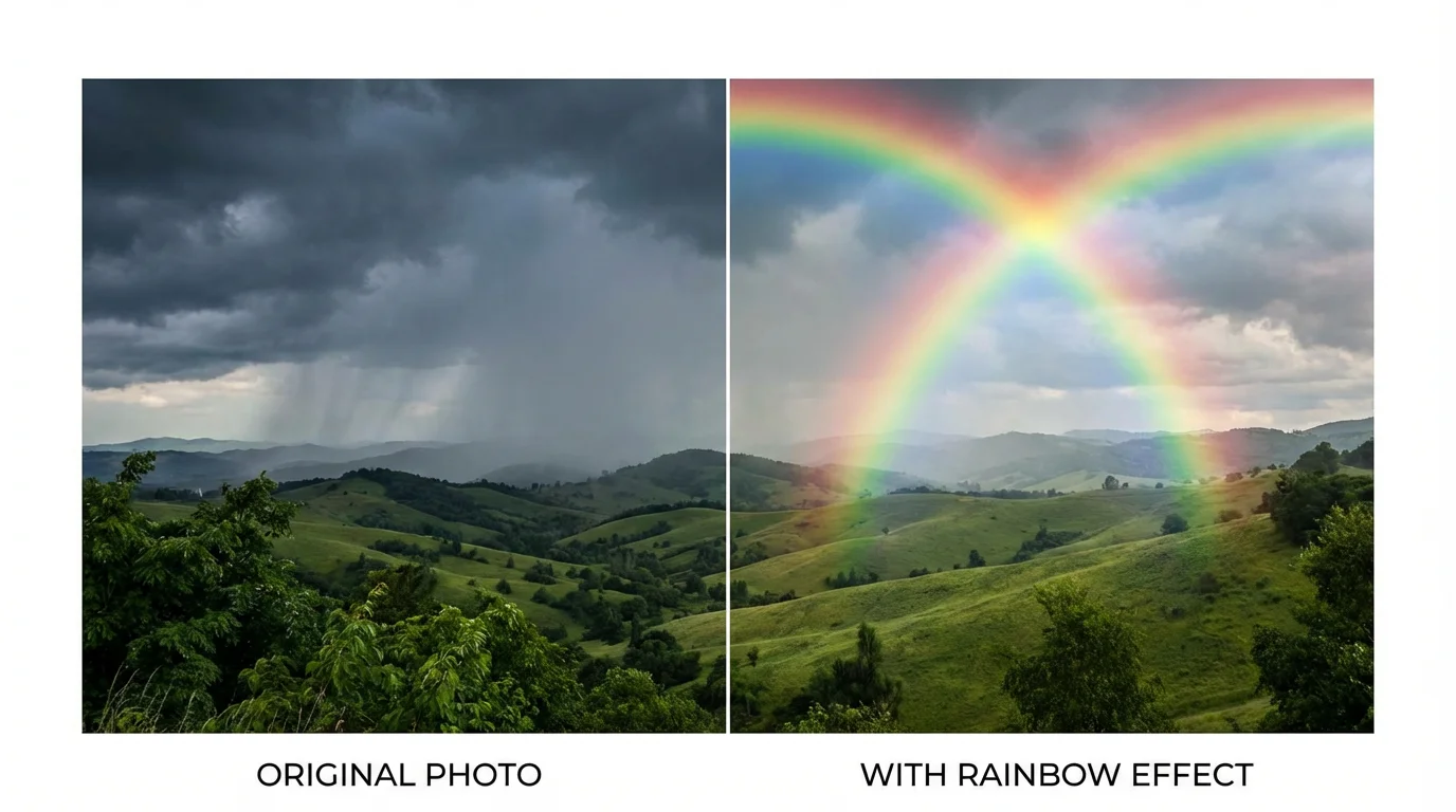 A side-by-side comparison of a landscape photo. The 'before' image shows rolling green hills and a cloudy sky. The 'after' image is the same but with a vibrant, realistic rainbow added.