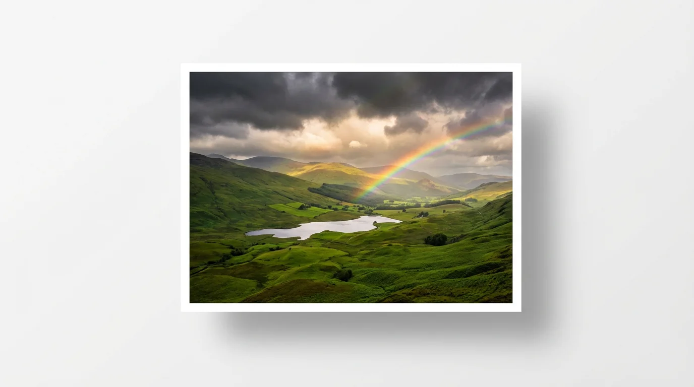 A photorealistic mockup of a photograph showing a lush green valley with a dramatic, vibrant rainbow arching across a stormy sky, set against a plain white background.