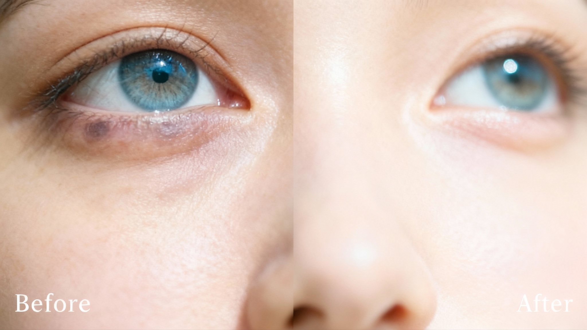 A split-screen before-and-after image showing the result of an eye bag removal tool. The 'before' side shows an eye with dark circles, while the 'after' side shows the same eye with smooth, bright skin.