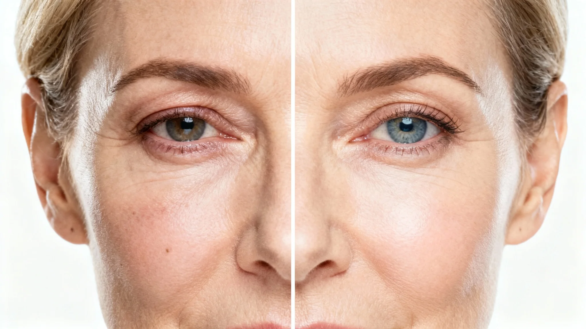 A split-screen close-up of a woman's eye. The left side shows noticeable under-eye bags and puffiness, and the right side shows the same eye looking smooth and rejuvenated, demonstrating an eye bag removal treatment.