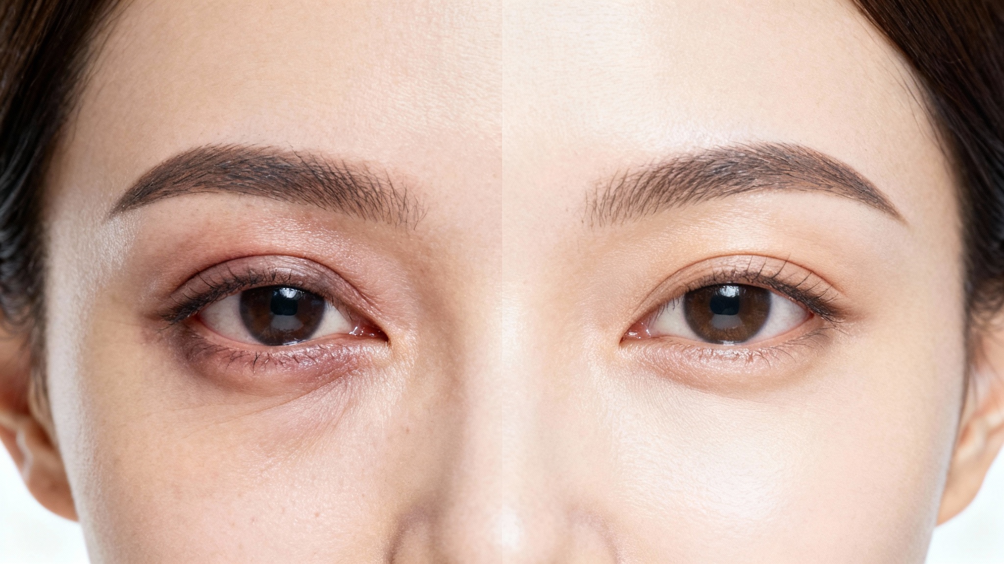 A close-up, photorealistic comparison of a woman's eyes. One eye has visible under-eye bags and puffiness, while the other is smooth and refreshed, demonstrating an eye bag removal effect.