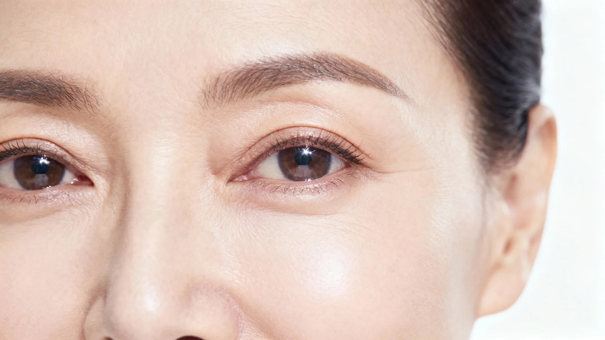 A close-up photograph showing a woman's eye with perfectly smooth, bright under-eye skin, demonstrating the result of eye bag removal.