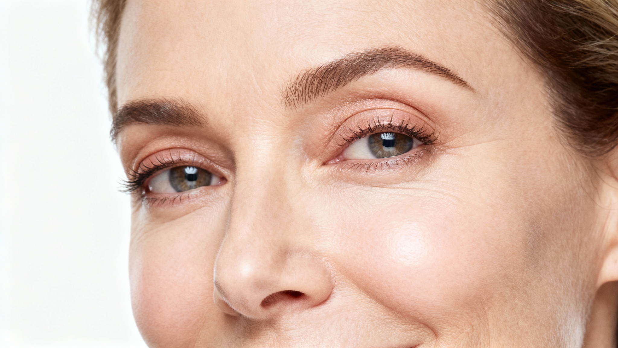 A close-up beauty shot of a woman's eye, showcasing flawless and smooth under-eye skin after an eye bag removal treatment.