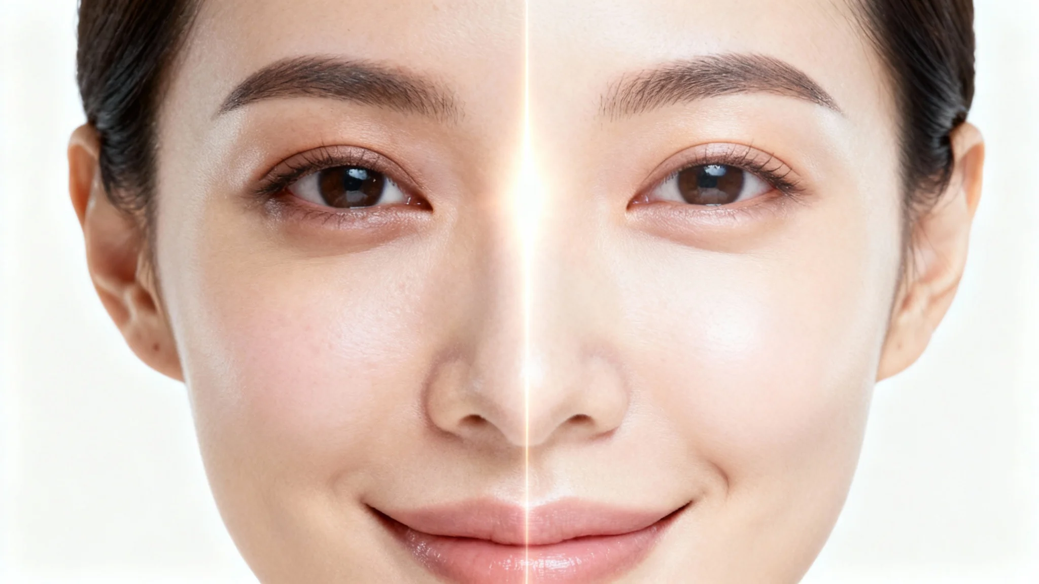 A close-up of a woman's face demonstrating the effect of eye bag removal. One side shows a puffy under-eye, while the other side is smooth and refreshed, presented as a single before-and-after image.
