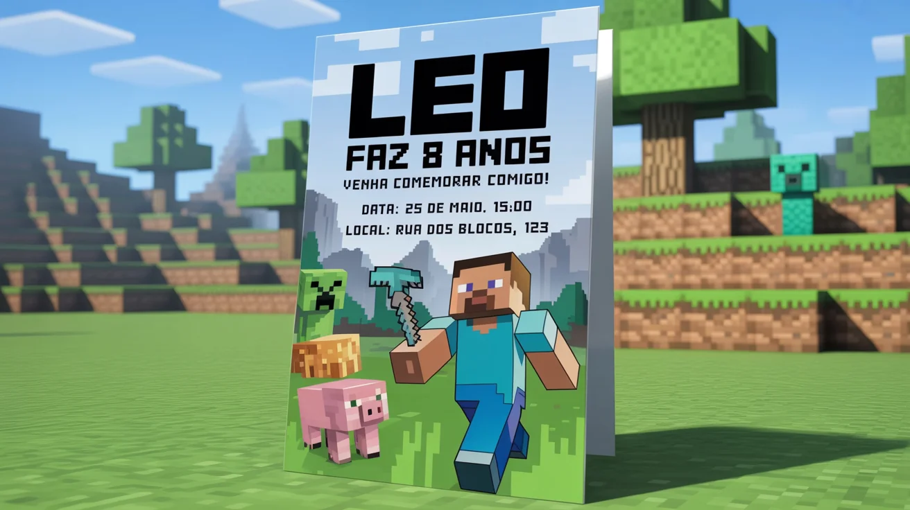 A finalized Minecraft birthday invitation for a child named Leo turning 8. The invitation card shows all the party details filled in and is displayed as a professional mockup against a clean white background.