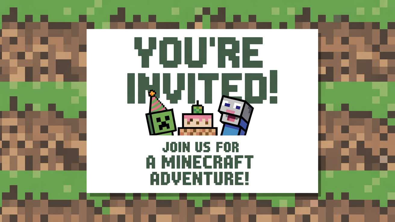 A colorful Minecraft-themed birthday invitation mockup on a white background. The invitation features pixelated text inviting guests to 'Alex's 8th Birthday!' and includes a pixel art illustration of a Creeper.