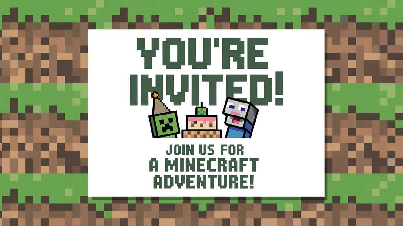 A colorful Minecraft-themed birthday invitation mockup on a white background. The invitation features pixelated text inviting guests to 'Alex's 8th Birthday!' and includes a pixel art illustration of a Creeper.