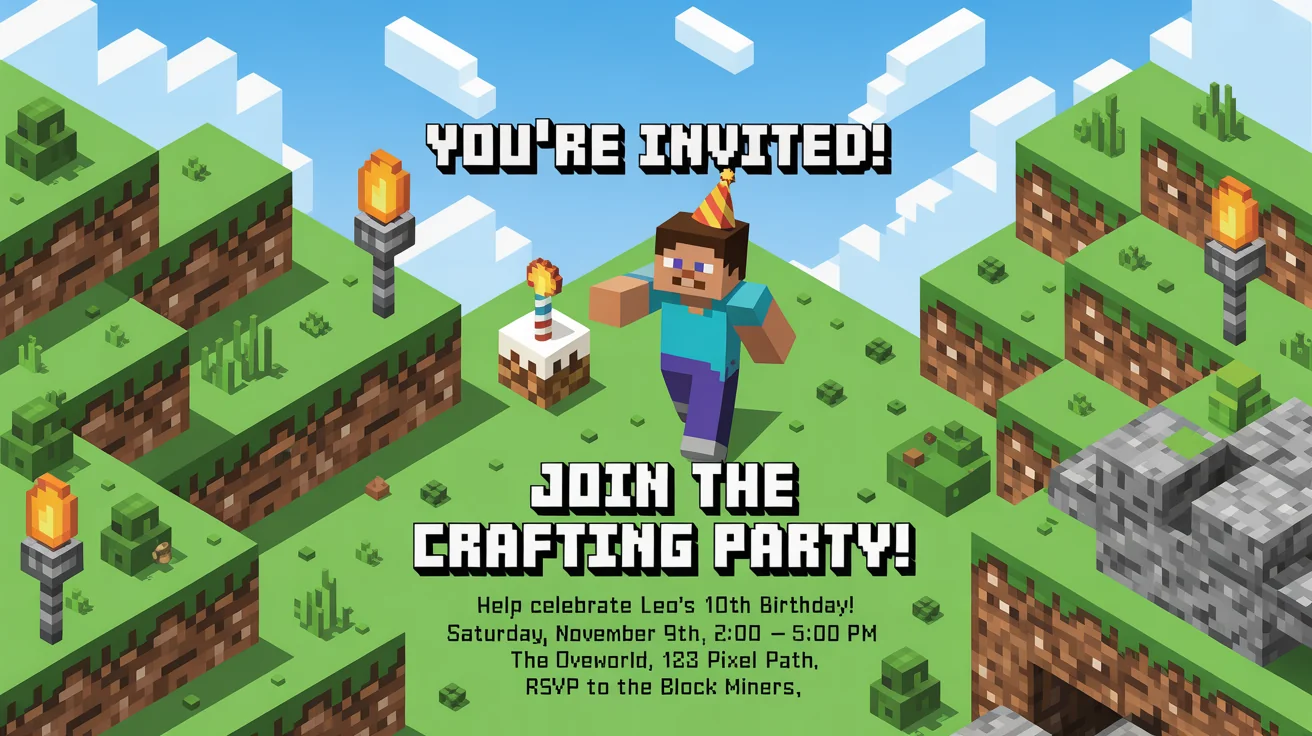 A mockup of a Minecraft-themed birthday invitation for 'Leo's 10th Birthday', featuring pixel block designs and game characters on a white background.