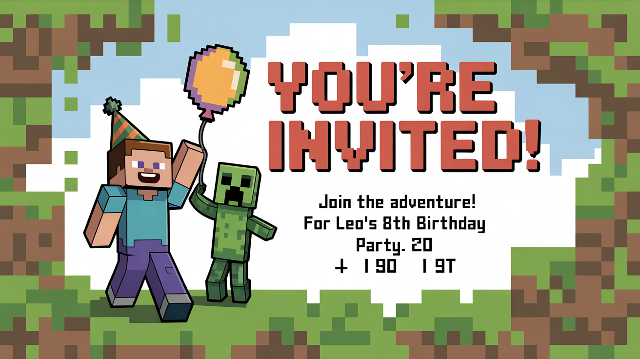 A Minecraft-themed birthday invitation for 'Leo's 8th Birthday Party', featuring pixel art of characters and blocky text on a white background.