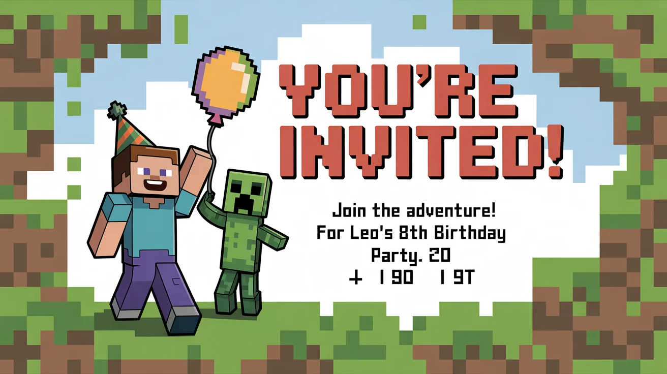 A Minecraft-themed birthday invitation for 'Leo's 8th Birthday Party', featuring pixel art of characters and blocky text on a white background.
