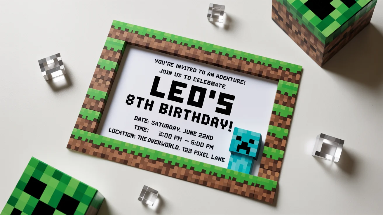 A Minecraft-themed birthday invitation mockup on a white background. The invitation has a pixelated block border and text that reads 'You're Invited to an Adventure! Join Us to Celebrate Leo's 8th Birthday!'.