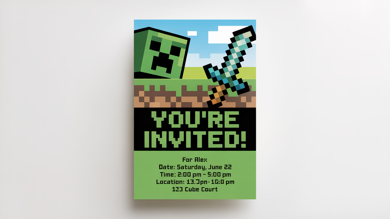 A Minecraft-themed birthday party invitation mockup shown on a white background. The invitation features pixel art graphics, including a Creeper and a diamond sword, with legible text inviting guests to Alex's birthday party.