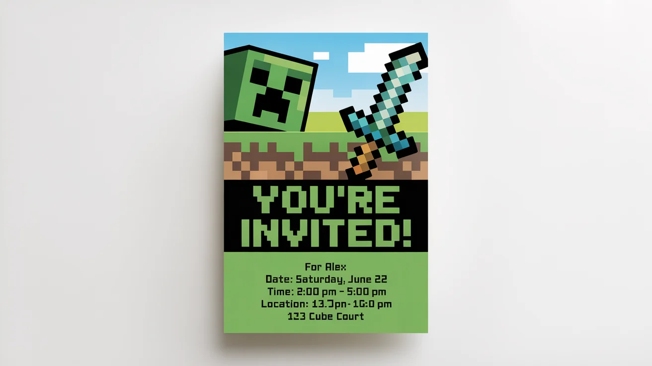 A Minecraft-themed birthday party invitation mockup shown on a white background. The invitation features pixel art graphics, including a Creeper and a diamond sword, with legible text inviting guests to Alex's birthday party.