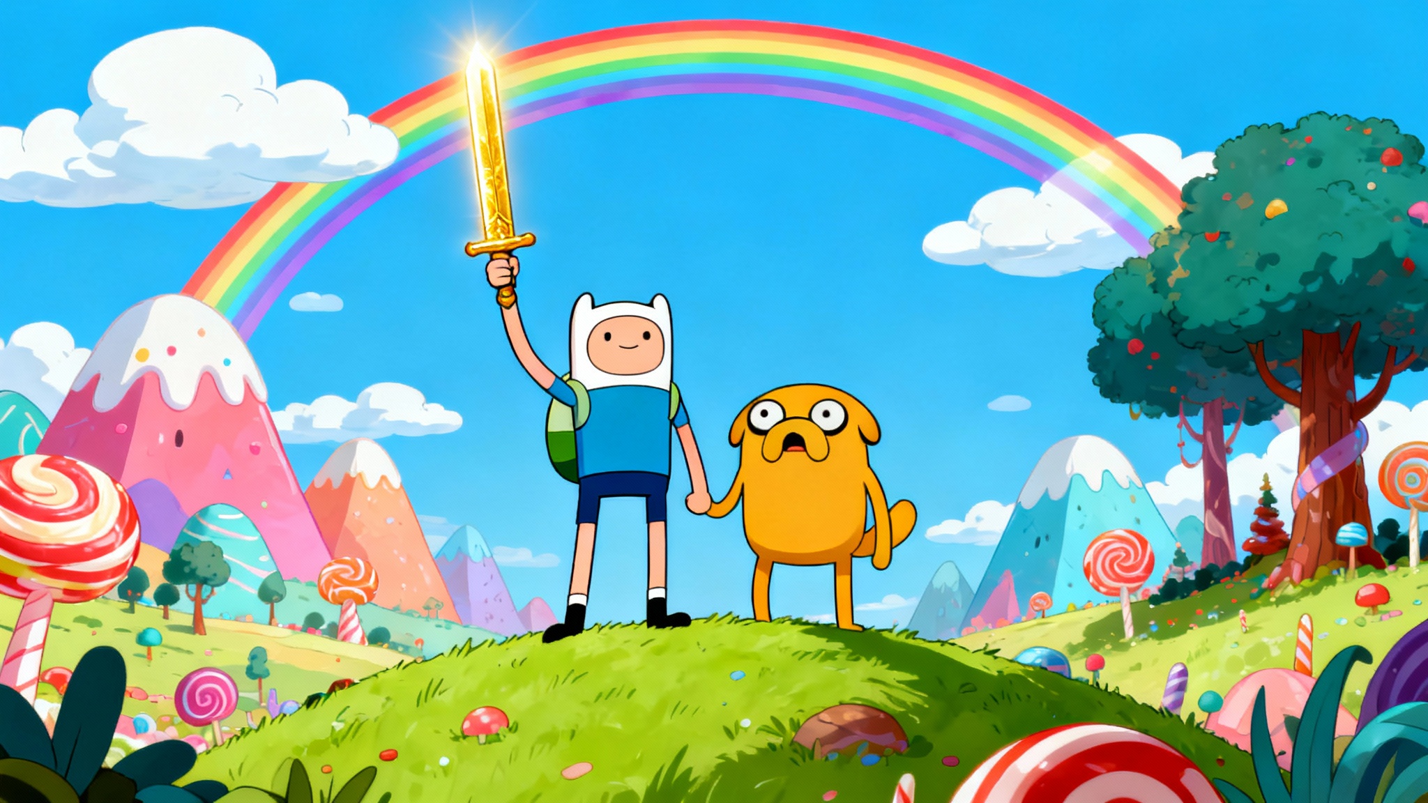 A colorful 4K desktop wallpaper depicting Finn the Human and Jake the Dog from Adventure Time. They are standing triumphantly on a lush green hill in the Land of Ooo, with a rainbow in the sky and fantastical scenery in the background.