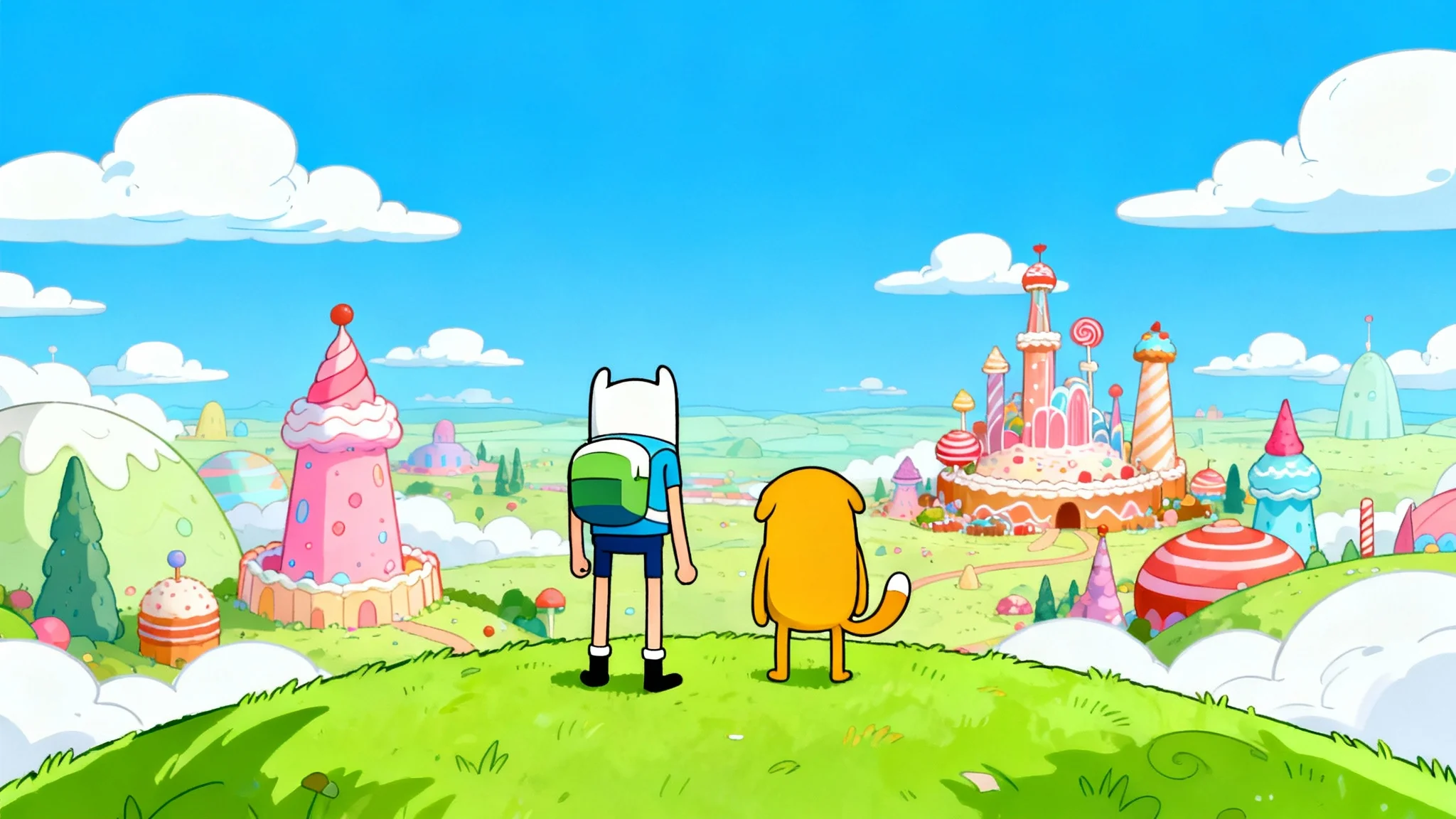 A 4K wallpaper in the style of Adventure Time, featuring Finn and Jake on a hill overlooking the colorful and sprawling Land of Ooo with the Candy Kingdom in the distance.