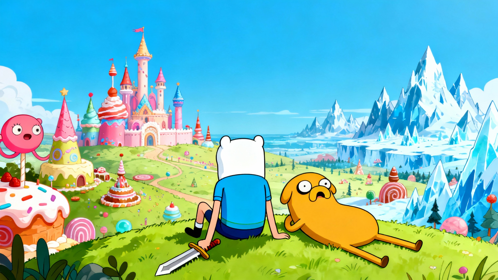 A 4K wallpaper in the Adventure Time art style, featuring Finn and Jake on a grassy hill overlooking the colorful Land of Ooo, with the Candy Kingdom visible in the distance.