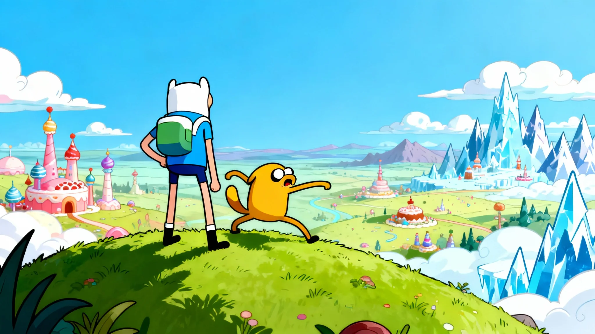A 4k wallpaper in the style of Adventure Time, featuring Finn and Jake on a grassy hill overlooking the colorful and whimsical Land of Ooo.