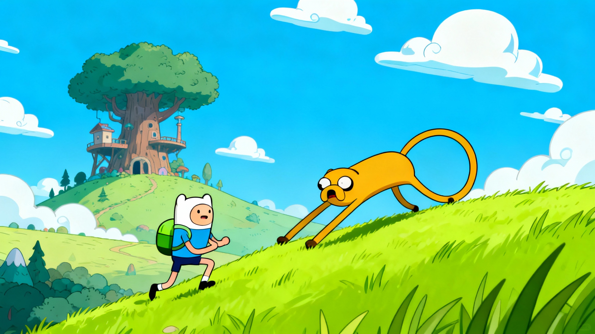 A 4K wallpaper in the Adventure Time art style, featuring Finn and Jake on a grassy hill with their Tree Fort in the background under a blue sky. The image is bright, colorful, and adventurous.