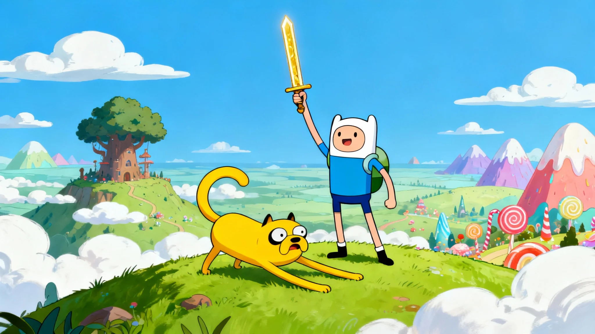 A vibrant, 4K Adventure Time wallpaper showing Finn and Jake on a grassy hill overlooking the Land of Ooo, with their treehouse in the background.