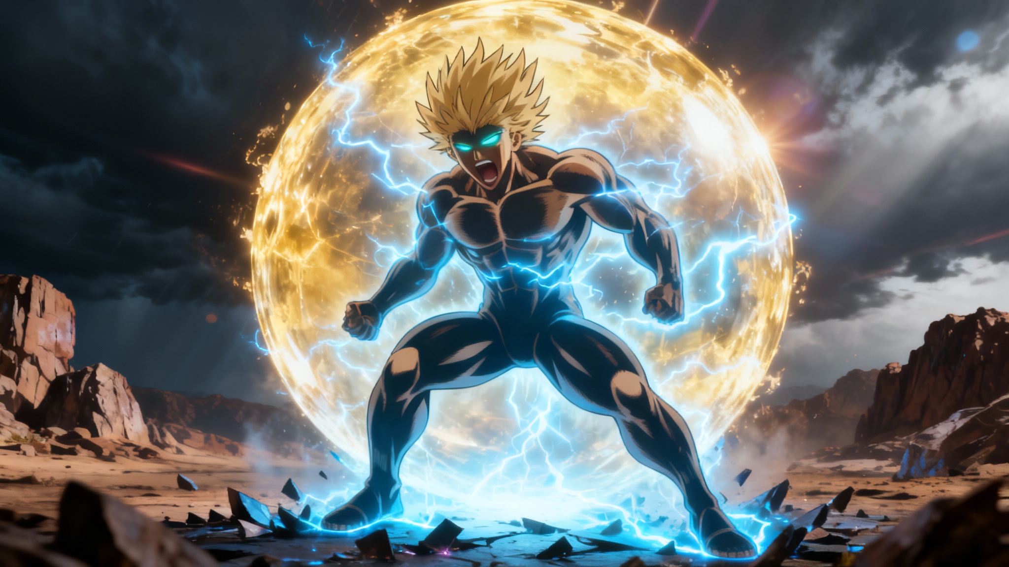 A hyper-realistic and cinematic image of an anime warrior with golden hair, surrounded by a massive, crackling golden energy aura and blue lightning, standing on a shattered, glowing battlefield.