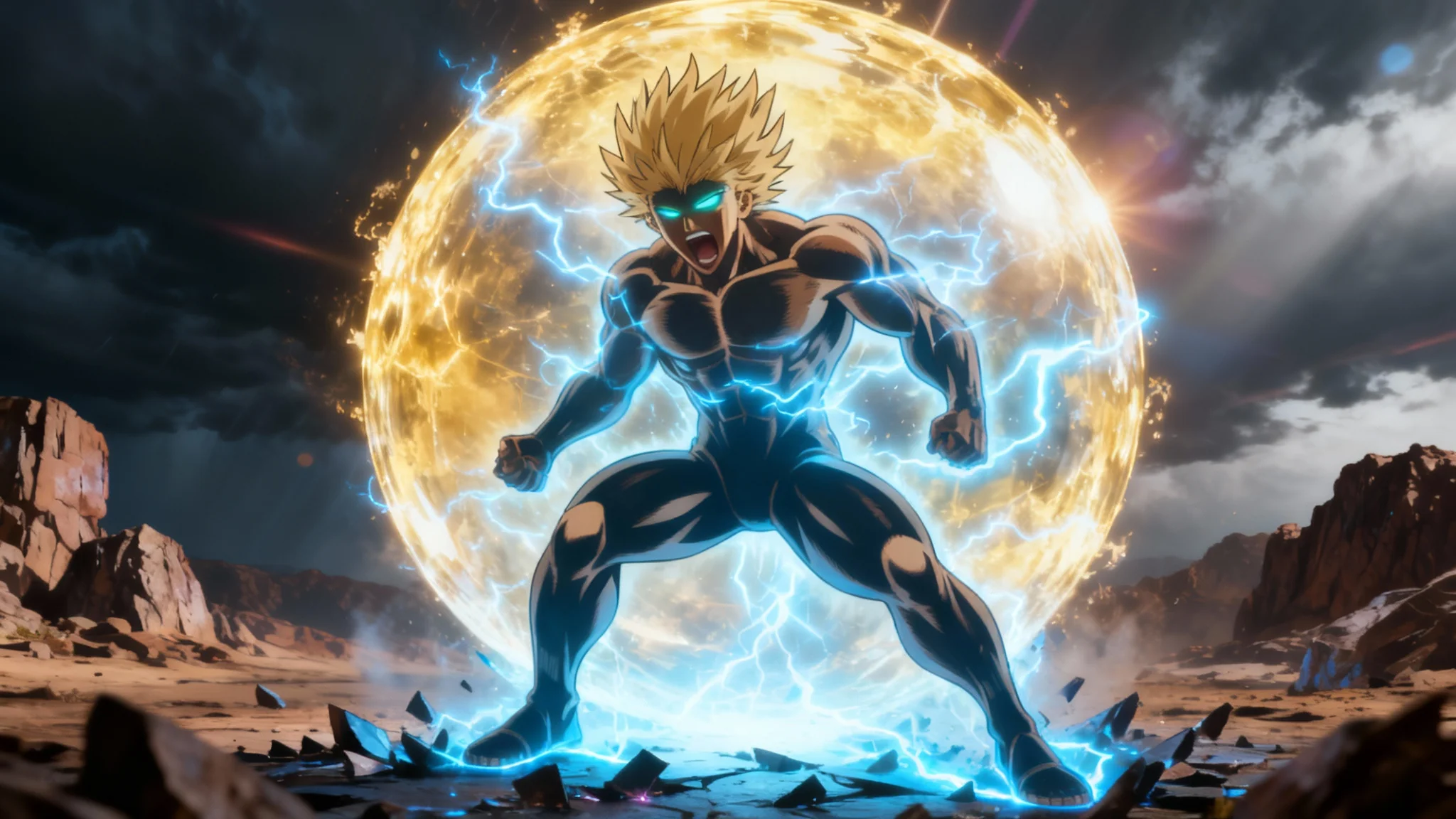 A hyper-realistic and cinematic image of an anime warrior with golden hair, surrounded by a massive, crackling golden energy aura and blue lightning, standing on a shattered, glowing battlefield.