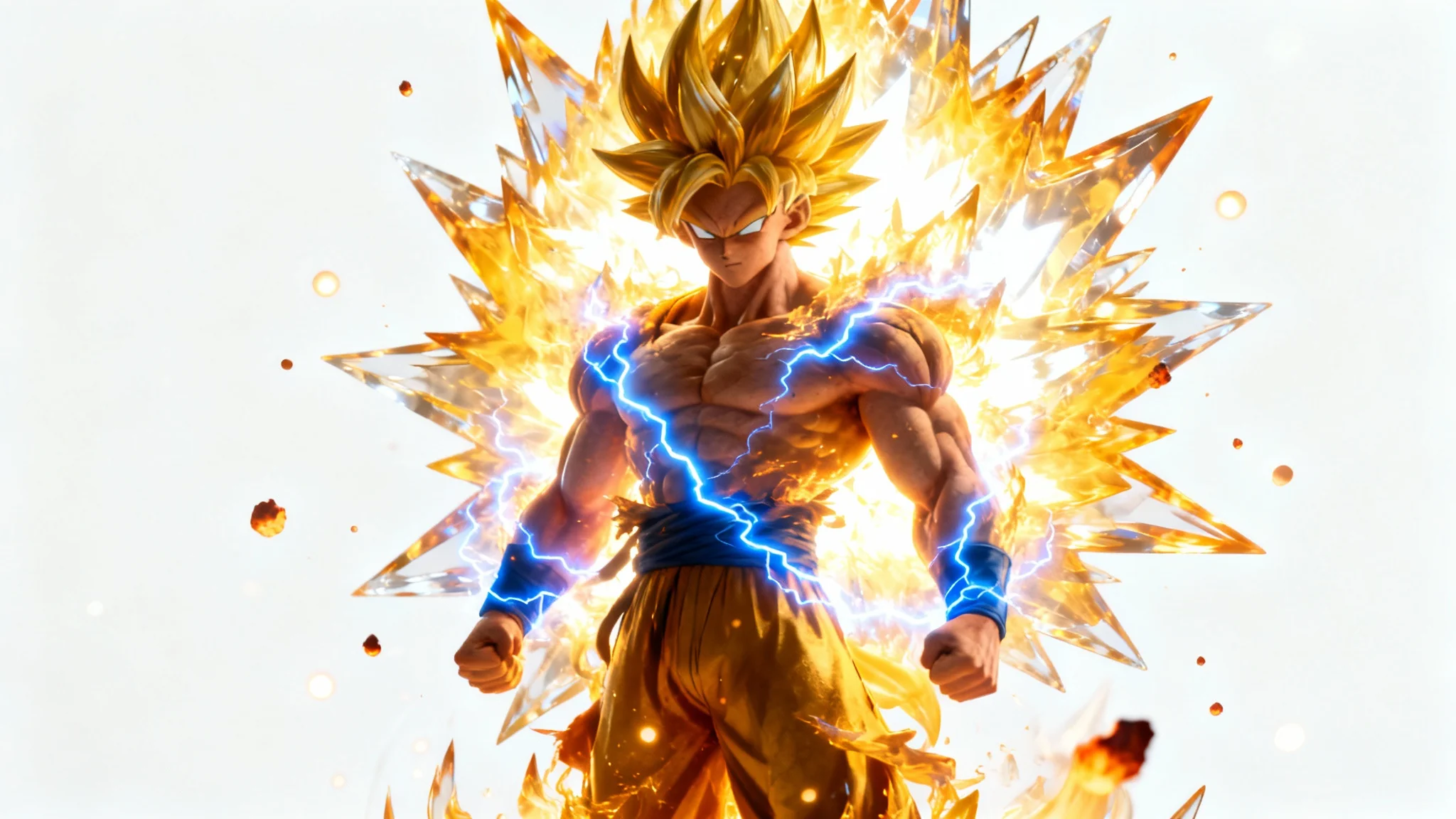 A photorealistic depiction of a muscular figure enveloped in a powerful, spiky, golden-yellow energy aura, with blue lightning crackling around them, set against a clean white background.