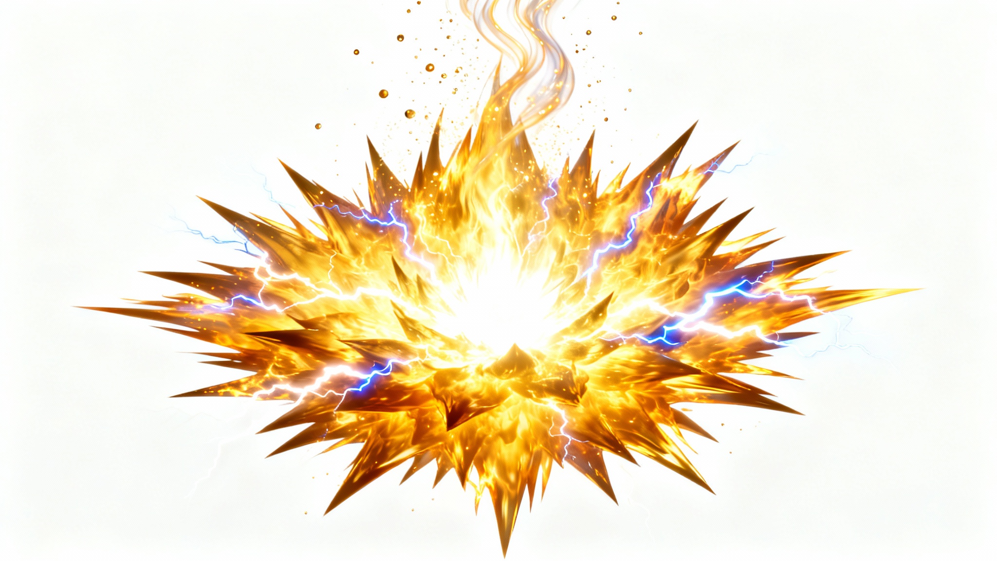 A vibrant, golden-yellow Super Saiyan aura, crackling with energy and lightning, glowing intensely against a clean white background.
