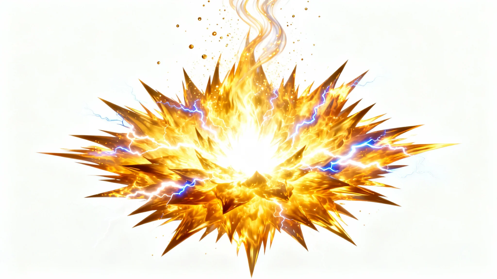A vibrant, golden-yellow Super Saiyan aura, crackling with energy and lightning, glowing intensely against a clean white background.