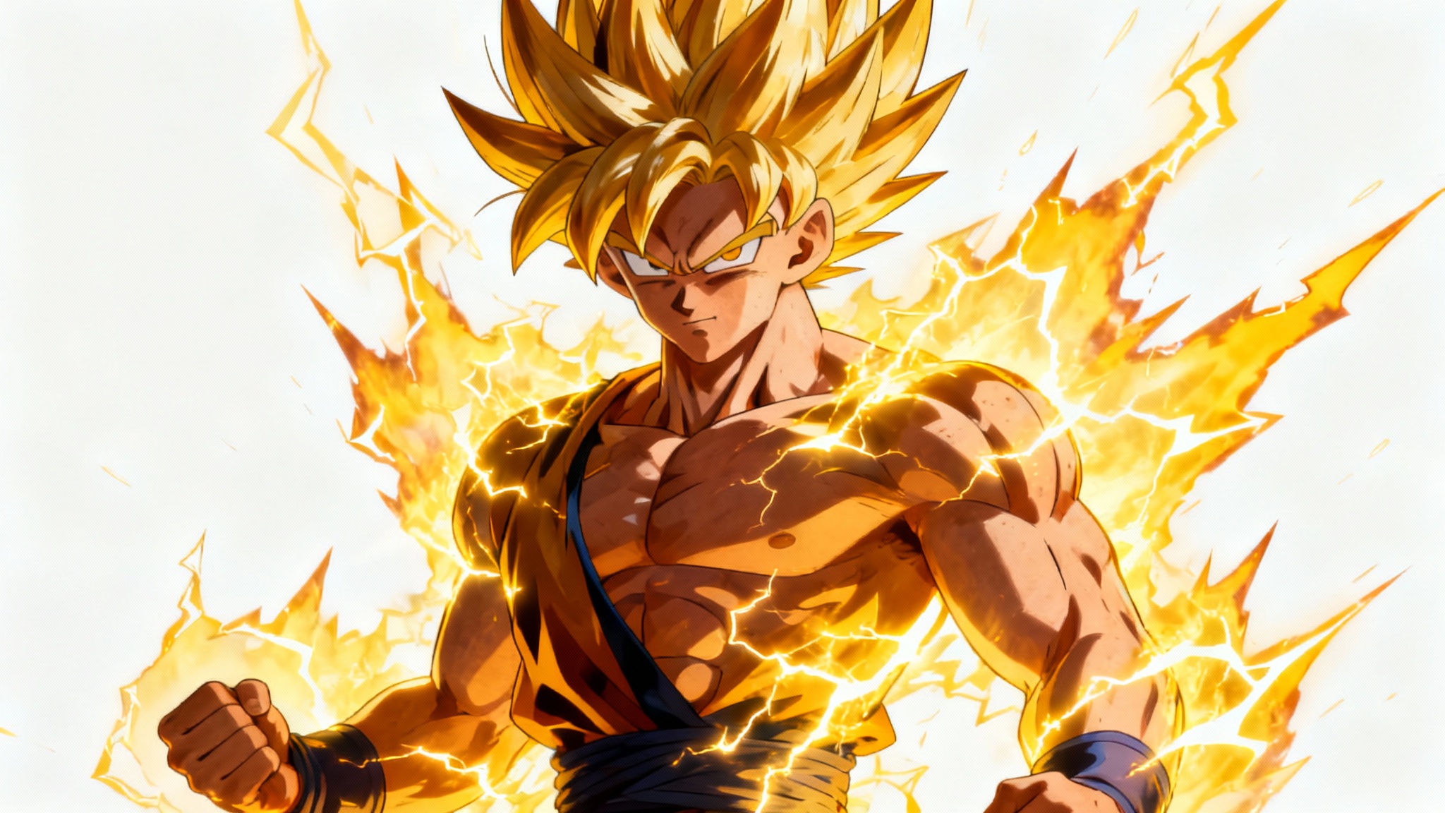 A muscular anime warrior with spiky golden hair is surrounded by a powerful, crackling golden-yellow Super Saiyan energy aura against a white background.