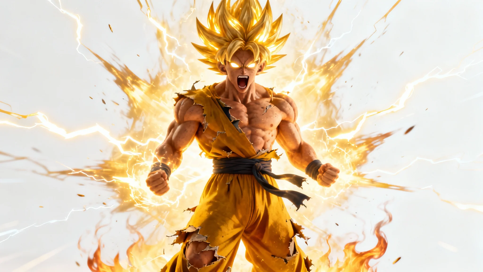 A powerful warrior with spiky golden hair is surrounded by a fiery, electric golden aura against a clean white background, depicting the concept of a super saiyan transformation.