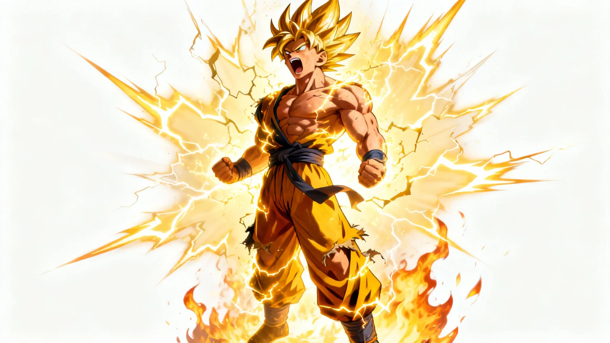 A muscular anime warrior with spiky blonde hair powers up, surrounded by a brilliant, crackling golden energy aura against a plain white background.