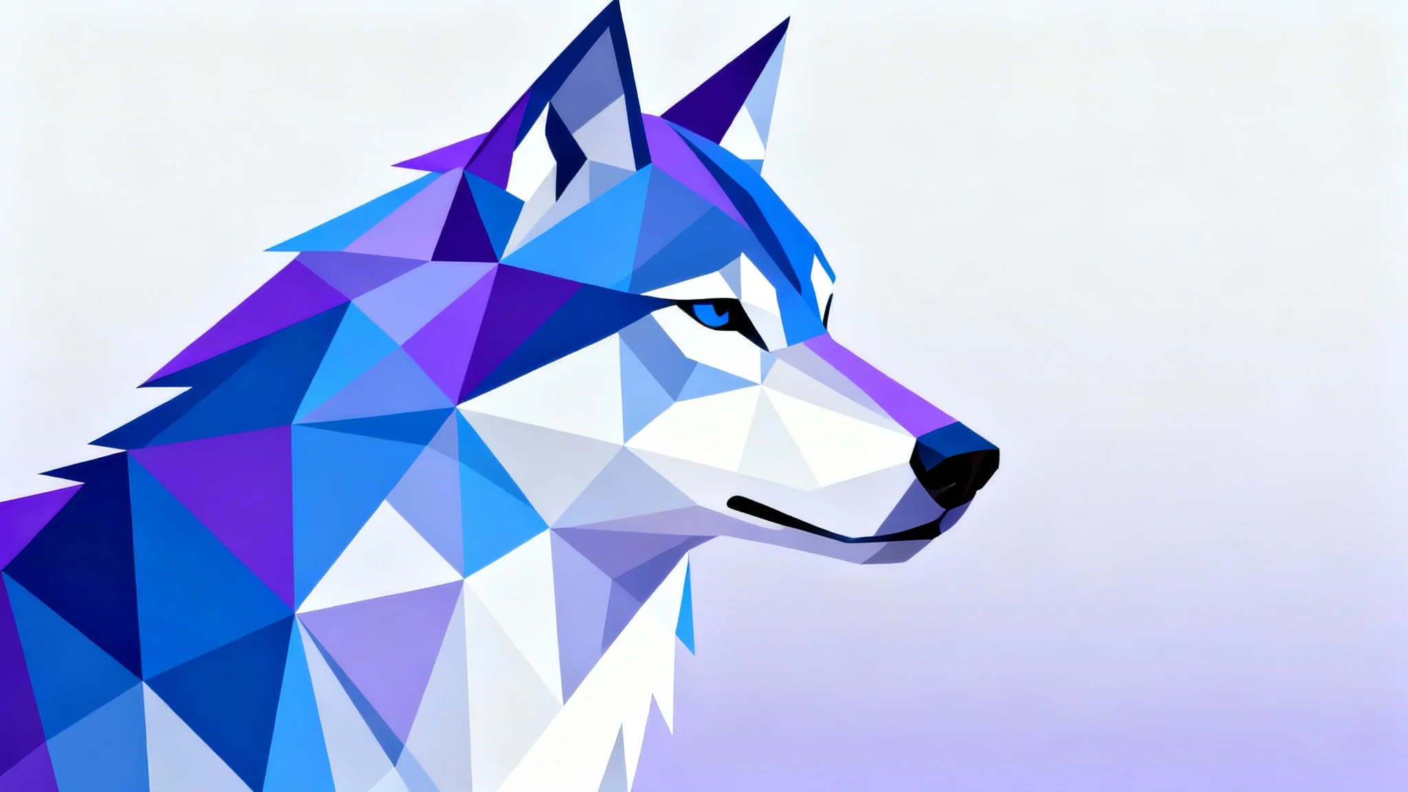 A close-up of a wolf's head created in a vibrant, low-polygon geometric style, set against a minimalist background.