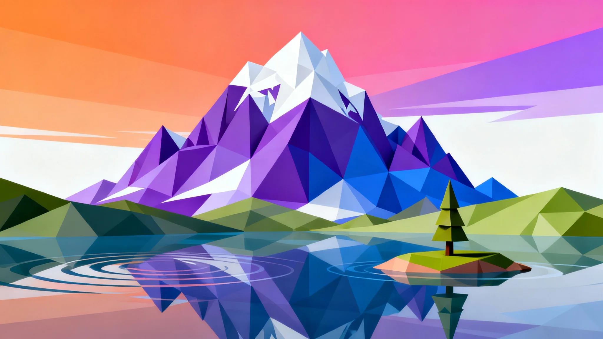 A minimalist 3D render of a mountain landscape in a low poly style, featuring a faceted purple mountain, a calm lake, and a single tree, all isolated on a white background.