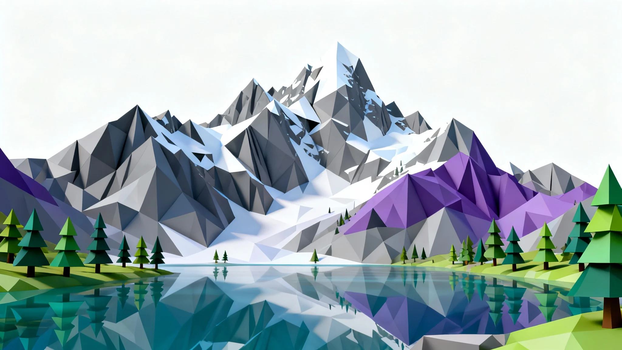A digital 3D rendering of a mountain landscape in a low poly style, featuring geometric mountains, a lake, and pine trees, isolated on a white background.